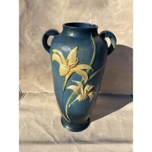 Roseville Vintage Art Pottery 1946 Zephyr Lily Handled Vase, 141-15 Bermuda Blue